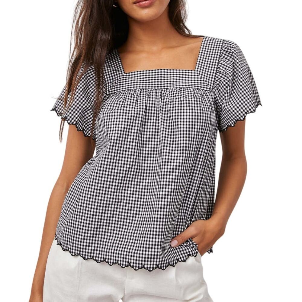 Rails Boho Black Gingham Embroidered Scallop Trim Poplin Cotton Harley Top